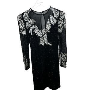 Vintage Scala silk black white beaded sequin short formal cocktail dress size PP